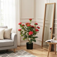 HOMCOM Plantă Artificială de Camelie 65 cm Arbore Artificial în Ghiveci cu Flori din Mătase Realiste 116 Frunze Efect Mușchi Roșu(m-4)