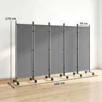 Outsunny Separator de cameră 5 piese 252 x 40 cm Paravan independent cu 12 roți Pliabil Separator DIY Gri închis(m-3)