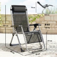 Outsunny Chaise Longue Pliable Bain de Soleil fauteuil relax jardin inclinable Grand Confort avec Matelas, tétière, accoudoirs métal époxy Polyester Gris(m-3)