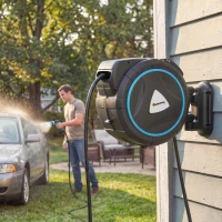 Outsunny Enrollador Manguera Riego Mural Automático 23+2m Carrete Automático Pistola de Riego 10+2 Modos 55x31x50cm Azul(m-4)