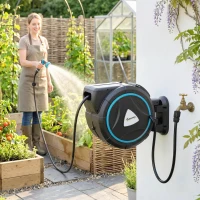 Outsunny Avvolgitubo Irrigazione da Parete Automatico 23+2 m, Avvolgitore Automatico Pistola Irrigazione, 10+2 Modalità, 55x31x50 cm, Blu(m-6)