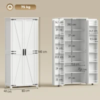 HOMCOM Hochschrank Küche, Küchenschrank, 2 Türen mit Rollen, 6 Fächer, 14 Türfächer, verstellbare Einlegeböden, weiß(m-3)