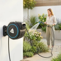 Outsunny Avvolgitubo Irrigazione da Parete Automatico 23+2 m, Avvolgitore Automatico Pistola Irrigazione, 10+2 Modalità, 55x31x50 cm, Blu(m-2)