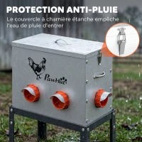 PawHut Mangeoire Automatique à Poulet 30L, 6 Ports, Hauteur Reglable, Couvercle Verrouillable, 42x25x55cm, Acier, Argent(m-7)