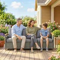 Outsunny 3 Seater Rattan Garden Sofa, PE Wicker Outdoor Sofa Wide Deep Seat, 4" Cushions, Wood-Effect Armrests Legs, Dark Grey(m-9)