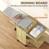 HOMCOM Dulap Masă de Călcat Rabatabilă cu Roți și Suport pentru Fier de Călcat, Dulap Multifuncțional cu Rafturi, Compartiment Deschis, pentru Spălătorie, Baie, 154x55x87 cm, Lemn Natural(m-6)