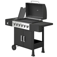 Outsunny Gazowy Grill 17,8 kW 6+1 Palników Wózek Grillowy ze Stali Nierdzewnej z Kółkami Boczny Palnik Termometr Ruszt Emaliowany(m-10)