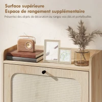 HOMCOM Meuble à chaussures 12 paires, armoire à chaussures, 2 tiroirs rabattables, portes en rotin et étagères réglables, chêne(m-7)