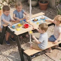AIYAPLAY Table de pique-nique enfants avec parasol, 3 en 1 salon de jardin en bois pour enfants 3-6 ans avec 2 boîtes, naturel(m-9)