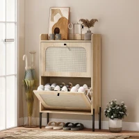 HOMCOM Meuble à chaussures 12 paires, armoire à chaussures, 2 tiroirs rabattables, portes en rotin et étagères réglables, chêne(m-10)