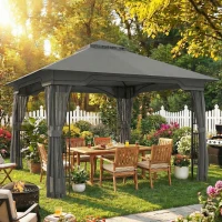 Outsunny 3.3 x 3.3 m Outdoor Garden Gazebo with Post Shelves, UPF50+ Patio Permanent Pavilion with Hook, Dark Grey(m-10)