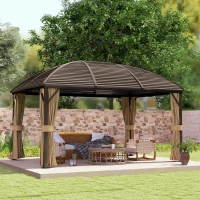 Outsunny 3 x 4m Hardtop Gazebo Canopy with Metal Roof, Aluminium Gazebo Permanent Pavilion with Netting and Curtains, Brown(m-10)