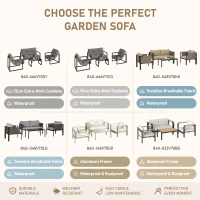 Outsunny 4 Piece Metal Garden Furniture Set with Tempered Glass Coffee Table, Texteline Pocket, Outdoor Set Loveseat Single Armchairs with Padded Cushions, Light Grey(m-10)