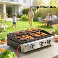 Outsunny Gasbarbecue 7,5 KW Draagbare Tafelbarbecue met 3 Branders Keramische Coating Grillrooster Warmhoudrek(m-8)
