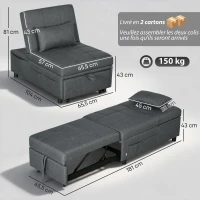 HOMCOM Fauteuil convertible 1 place fauteuil lit avec dossier réglable, siège rembourré et oreiller, gris(m-3)
