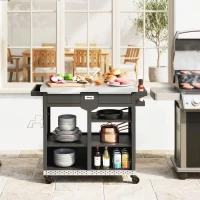 Outsunny Grillwagen met 5 niveaus, roestvrijstalen werkblad, verstelbare planken, lade, wielen, kruidenrek en handdoekhouder(m-10)