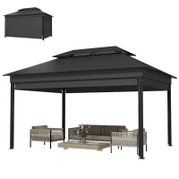 Outsunny Gazebo da Giardino 4x3 m con Tende Laterali, Doppio Tetto, Fori di Drenaggio, Grigio Scuro(m-10)