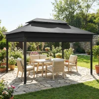 Outsunny Gazebo da Giardino 4x3 m con Tende Laterali, Doppio Tetto, Fori di Drenaggio, Grigio Scuro(m-8)