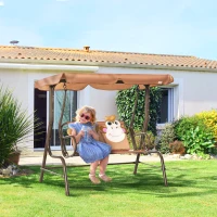 Outsunny 2 Seater Kids Garden Swing Seat, Children Outdoor Patio Lounge Chair for Gardens w/ Adjustable Awning, Seatbelt, Monkey Pattern - Brown(m-2)