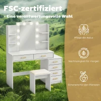 HOMCOM Schminktisch mit beleuchtetem Spiegel und gepolstertem Hocker, Schminkset mit 6 Schubladen und Ablagen, Weiß(m-7)