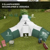 Outsunny Kampeertent voor 6-9 Personen, 4 Kamers, Voortent, Waterdicht, 615x615x225cm, Groen(m-6)