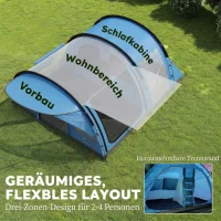 Outsunny Namiot tunelowy 4-osobowy, namiot rodzinny z kabiną sypialną i przedsionkiem, odpinana przegroda, okna, plandeka podłogowa, wysokość stojąca(m-4)