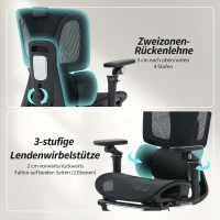 HOMCOM Bürostuhl Ergonomisch Schreibtischstuhl mit verstellbar Lenden- und Kopfstütze 6D-Klapparmlehnen Fußstütze Netz Schwarz(m-5)