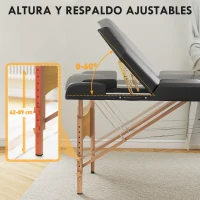 HOMCOM Camilla Masaje Plegable de Madera de 3 Zonas con Altura Ajustable Reposacabezas Reposabrazos 215x60x62-89 cm Negro(m-4)