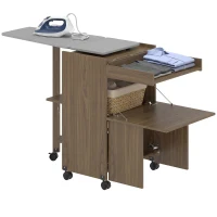 HOMCOM Dulap Masă de Călcat Pliabil cu Roți și Suport pentru Fier de Călcat, Dulap Multifuncțional cu Rafturi, Compartiment Deschis, pentru Spălătorie, Baie, 154x55x87 cm, Maro(m-10)
