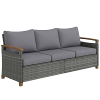 Outsunny 3 Seater Rattan Garden Sofa, PE Wicker Outdoor Sofa Wide Deep Seat, 4" Cushions, Wood-Effect Armrests Legs, Dark Grey