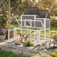 PawHut Clapier Lapin Extérieur en Bois Cage à Lapin Intérieur Double Toit Ouvrant Imperméable 2 Niveaux avec Enclos Gris(m-8)