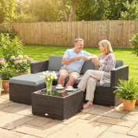 Outsunny 3 Pieces Garden Furniture Set w/ Cushions, PE Rattan Wicker Conversation Corner Sofa Set, Light Grey(m-9)