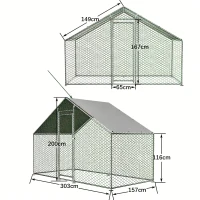 Freilaufgehege Hühnerstall mit Sicherheitsschloss und Wasserdichtes PE-Tuch, für Hühner, Kaninchen und weitere Kleintiere, 303x157x200 cm, Silber(m-3)