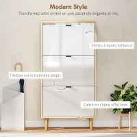 HOMCOM Meuble à chaussures, armoire à chaussures étroite, 3 tiroirs rabattables, porte haute brillante, 60x24x127cm, blanc(m-4)