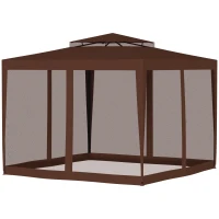 Outsunny Pérgola de Jardim 297x297x268 cm com 4 Redes Mosquiteiras Laterais Teto de Ventilação e 8 Orifícios de Drenagem Marrom(m-8)