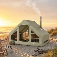 Outsunny Inflatable Camping Tent with Pump and Stove Jack Hole, Luxury Inflatable Tent with Mesh Windows, Doors, Olive Green(m-9)