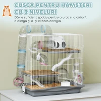 PawHut Cușcă pentru Hamsteri pe 3 Niveluri și 14 Tuburi cu Căsuță, Rampă și Accesorii, din Metal și Plastic, 45x30x45 cm, Gri(m-4)
