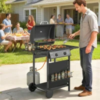 Outsunny Barbecue a Gás BBQ com 2 Queimadores de 5 kW Termómetro Mesas Laterais Prateleira Grelha de Aquecimento 2 Rodas Preto(m-10)