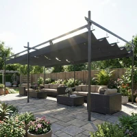 Outsunny Pérgola de Jardín 6x3 m Gazebo con Techo Retráctil de Poliéster Resistente a los Rayos UV Gris Oscuro(m-8)