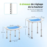 HOMCOM Siège de Douche réglable en Hauteur Tabouret de Douche Ergonomique Pieds antidérapants Charge Max. 135 Kg alu HDPE Blanc Bleu(m-3)