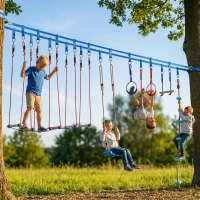 AIYAPLAY Ninja Line dla dzieci, zestaw 24 m Slackline z pierścieniami gimnastycznymi, 7 przeszkodami, mostem do balansowania, dla dzieci w wieku 3-6 lat, czerwony+niebieski(m-2)