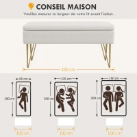 HOMCOM Banc banquette coffre de rangement 2 en 1 en tissu avec pieds épingle en acier doré 100 x 40 x 49 cm crème(m-7)