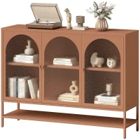 HOMCOM Buffet salon, meuble de rangement avec 3 portes vitrées cintrées et étagère ouverte, 140 x 40 x 105 cm, rouille(m-1)