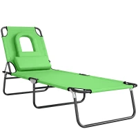 Outsunny Folding Sun Lounger with Face Hole, 4-Position Adjustable Backrest Garden Recliner Chair Sunbed, Outdoor Lounge Chair with 600 D Oxford Cloth Seat, Pillow for Beach, Green(m-1)