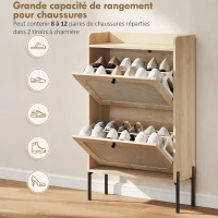 HOMCOM Meuble à chaussures 12 paires, armoire à chaussures, 2 tiroirs rabattables, portes en rotin et étagères réglables, chêne(m-5)