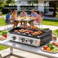 Outsunny Gasbarbecue 7,5 KW Draagbare Tafelbarbecue met 3 Branders Keramische Coating Grillrooster Warmhoudrek(m-4)