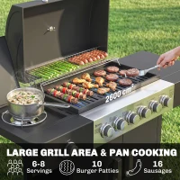 Outsunny Gazowy Grill 17,8 kW 6+1 Palników Wózek Grillowy ze Stali Nierdzewnej z Kółkami Boczny Palnik Termometr Ruszt Emaliowany(m-4)