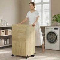 HOMCOM Dulap Masă de Călcat Rabatabilă cu Roți și Suport pentru Fier de Călcat, Dulap Multifuncțional cu Rafturi, Compartiment Deschis, pentru Spălătorie, Baie, 154x55x87 cm, Lemn Natural(m-8)