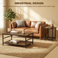 HOMCOM Zestaw stolików kawowych, 2-częściowy, prostokątny i okrągły z 2-poziomowym miejscem na przechowywanie, rustykalny brąz(m-6)