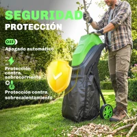 Outsunny Trituradora de Ramas Eléctrica 2500W con 2 Cuchillas Reversibles hasta Ø44 mm de Ramas Bolsa 45L Ruedas Verde(m-5)